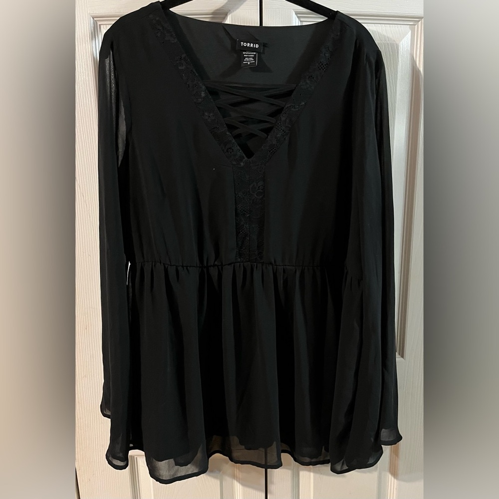 Torrid Black Chiffon Long Sleeve Blouse With Crisscross Details Flowy Size 0=12L